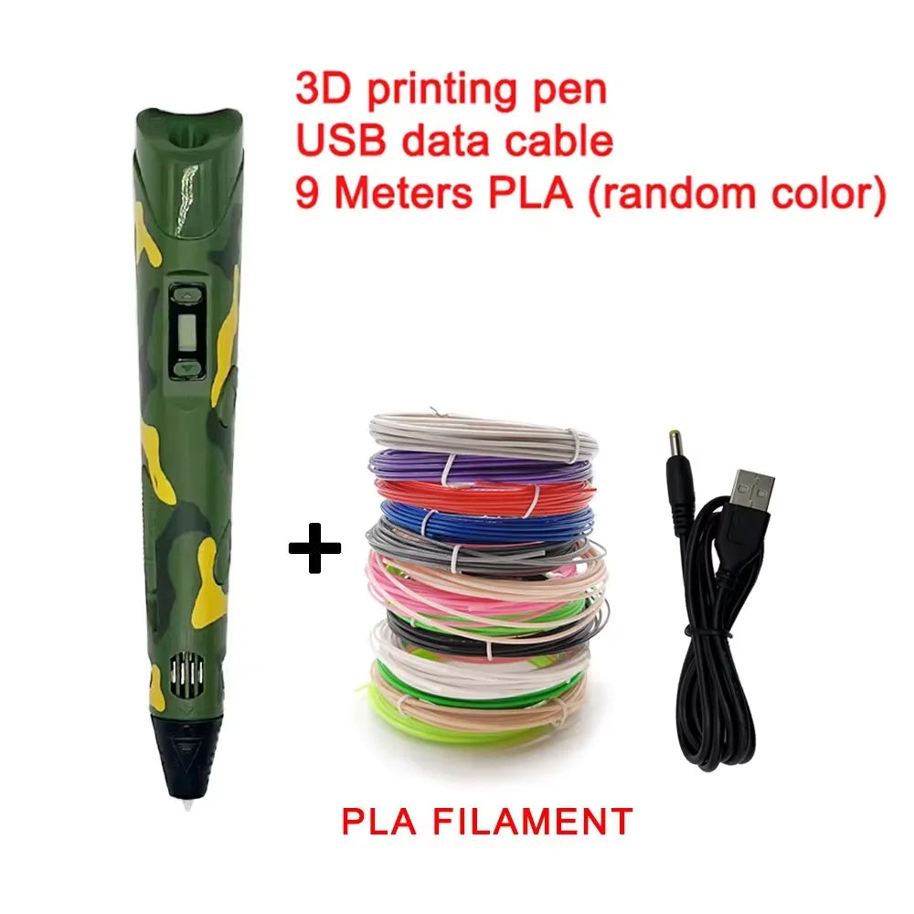 Electronic 3D Printing Pen with 9M PLA Consumables High-Temperature 3D Graffiti Tool Intelligent Toy Christmas Birthday Gift